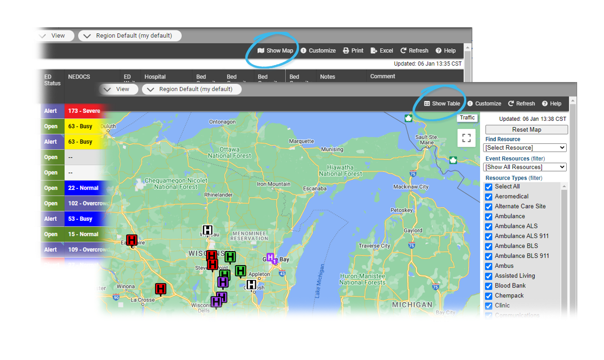 EMResource Region Default Options Map View and Table View